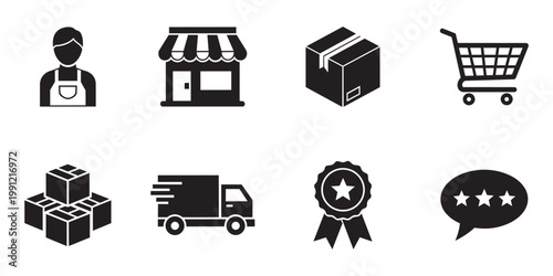 E commerce and retail icons set delivery shopping and customer service