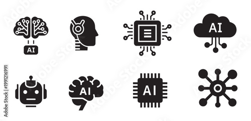 Artificial intelligence AI icon set. Black silhouette tech symbols for machine learning and robotics.