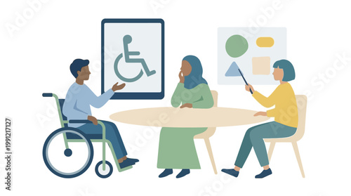 Diverse Professional Team Collaborating on Inclusive Accessibility Project. EPS Editable. Vector Illustrations.