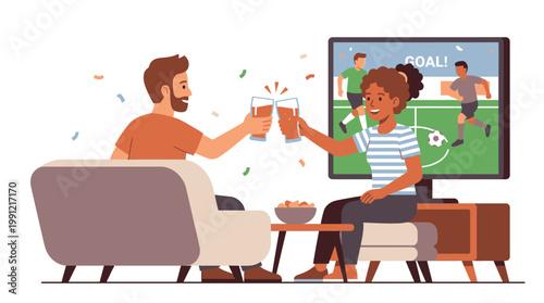 People Watching Soccer on TV - Flat Illustration Vector