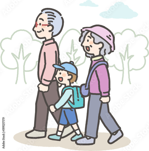 自然の中を一緒にお出かけする、幼い子ども（孫）と歩くシニア層の男性と女性