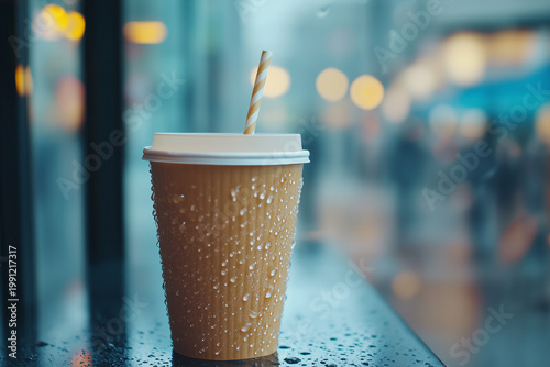Iced coffee drink in disposable cup and paper straw in cafe with rainy bokeh background. Takeaway concept.