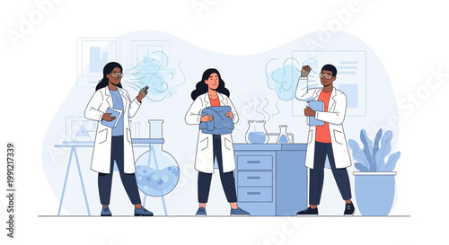 Diverse team of scientists conducting research in a modern laboratory setting. EPS Editable. Vector Illustrations.