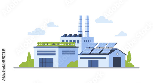 Eco friendly factory building with solar panels and rooftop garden. EPS Editable. Vector Illustrations.