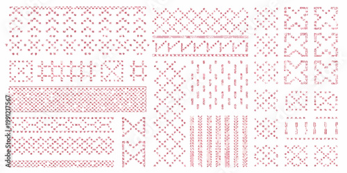 Collection of red cross stitch patterns on a white background