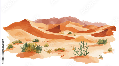 Sahara Desert Merzouga Dunes. Sahara Desert Merzouga Dunes hand drawn watercolor illustration on white background