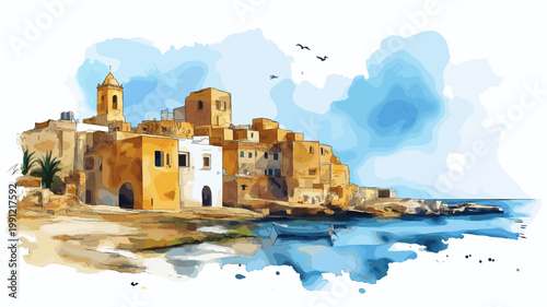 Sabratha. Sabratha hand drawn watercolor illustration on white background