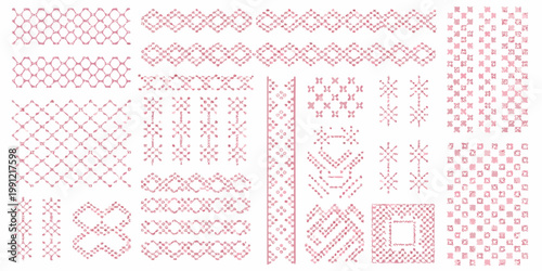 Collection of ornate repeating red patterns resembling embroidery designs