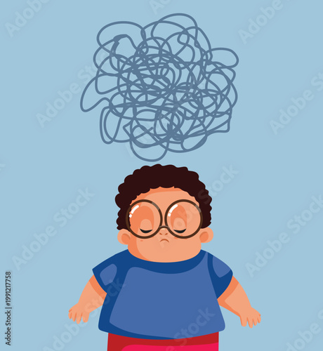 Unhappy Overweight Boy Thinking Negative Through Vector Illustration. Stressed pre-teen kid feeling desperate and sad
