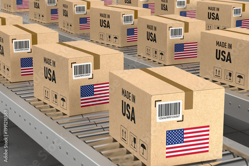Made in USA cardboard box on conveyor belt. 3D illustration