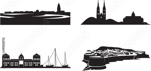 Assortment of global cityscapes vector designs showing river cathedral and fortified town views