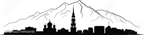 Black silhouette of almaty city skyline with mountains kazakhstan architecture and landmarks