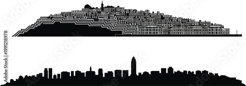 Dense city on a hill and modern skyscrapers skyline in contrasting black vector art
