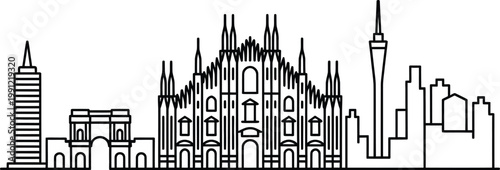 Milan cityscape with duomo cathedral and gallery landmarks detailed line art vector