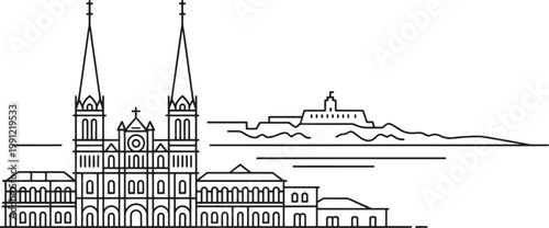 Parisian cityscape with eiffel tower and arc de triomphe landmarks detailed line art vector