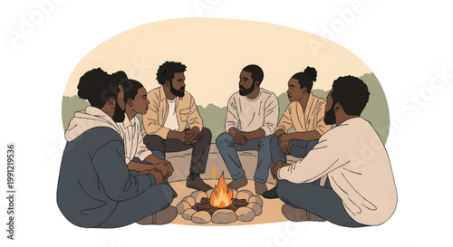 Diverse Group of African American Friends Sitting Around a Campfire Talking and Sharing Stories, Community Gathering and Togetherness Concept - Vector Illustration