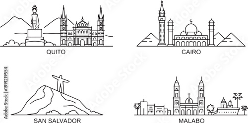 Quito ecuador skyline famous monument and buildings landmark illustration in line art style