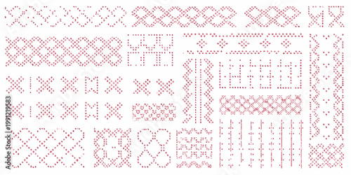 Collection of red cross stitch patterns on a white background