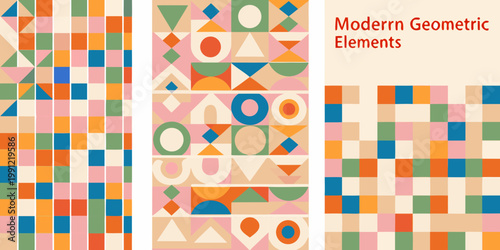 Colorful geometric patterns with triangles squares and circles displayed vertically