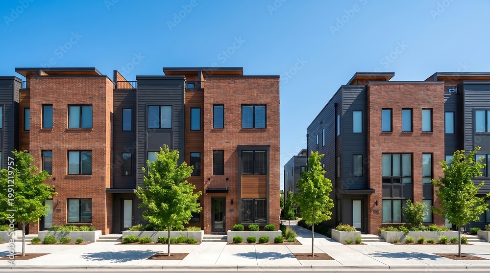 Naklejka premium Row of Modern Brick Townhouses Residential Neighborhood Street View 