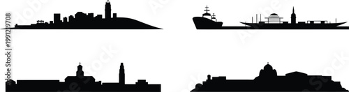 Set of coastal city silhouettes featuring lighthouse passenger ferry and historical buildings
