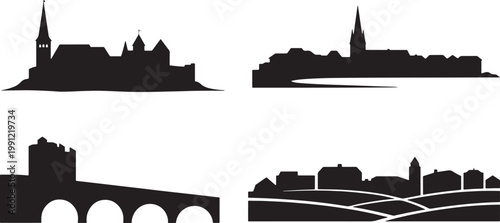 Set of historical castle and old town silhouettes featuring medieval architecture and bridges