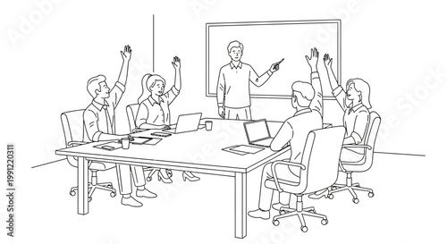 Business meeting, people raising hands in seminar, asking questions to presenter