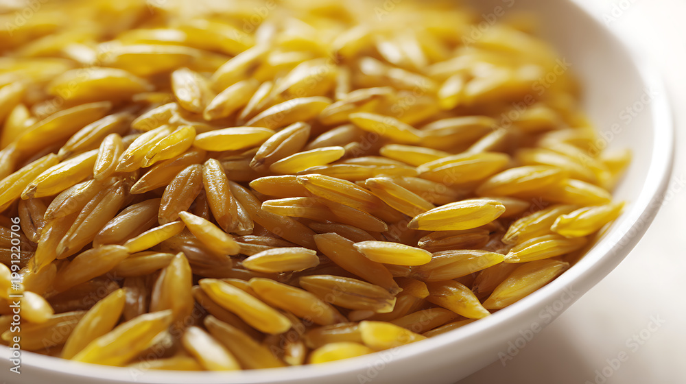 Obraz premium Closeup of yellow rice grains in bowl perfect for social media campaigns and vlogs