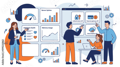 Team of Professionals Collaborating in a Modern Workspace Analyzing Data Visualizations and Charts