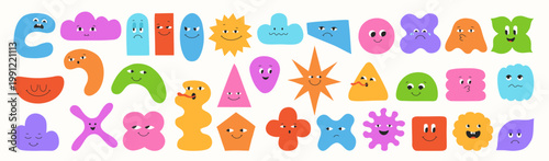 Abstract geometric characters set, cute colorful blob shapes and expressive comic faces. Playful figures with eyes, emotions quirky forms. Fun modern cartoon geometry with smiling happy face elements