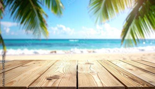 Wooden table overlooking tropical beach