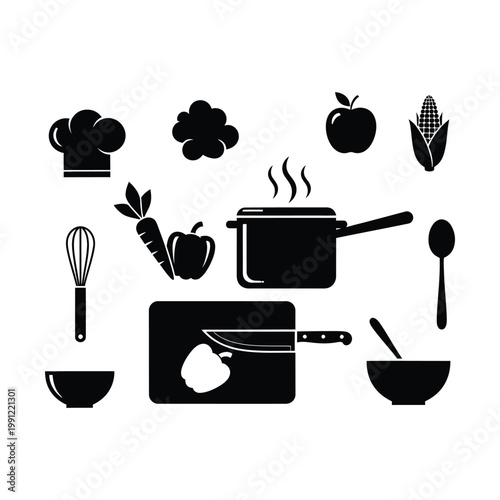 Cooking and Kitchen Utensils Vector Icon Set, a collection of essential culinary tools and fresh ingredients, perfect for food blogs, restaurant menus, and recipe illustrations.