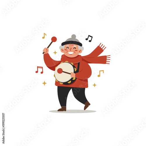 Elderly Man Playing Drum with Scarf and Hat, Celebrating Winter Holidays