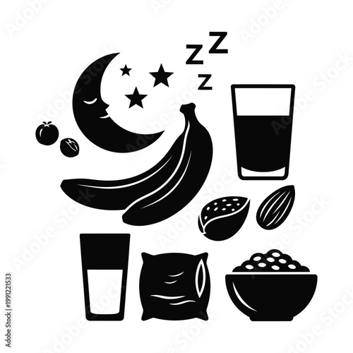 Sleep-promoting food and drink vector icon set, healthy nutrition for restful sleep, natural remedies for insomnia, wellness lifestyle graphic elements, bedtime routine essentials