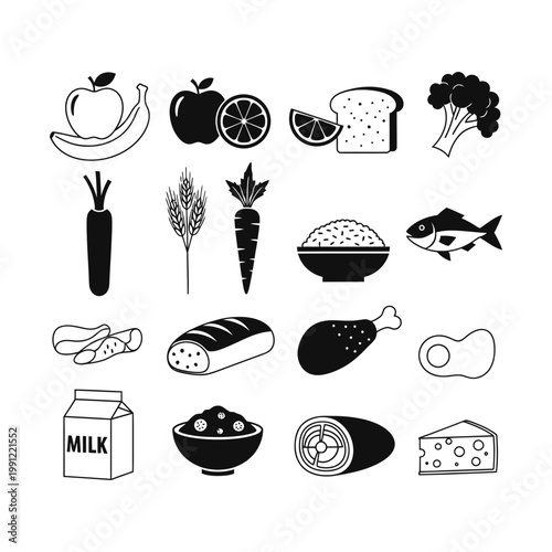 Healthy food and nutrition vector icon set, a collection of essential dietary elements for balanced eating. Black and white graphic symbols representing fruits, vegetables, grains, protein