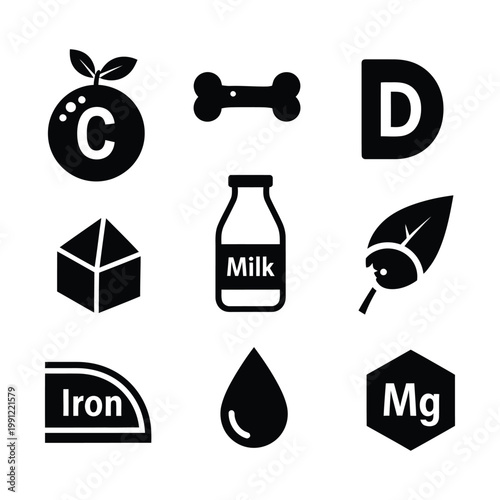 Essential Nutrition Icons, a vector collection of vital vitamins and minerals for health and wellness. Featuring Vitamin C, bone, Vitamin D, sugar, milk, leaf, iron, water drop