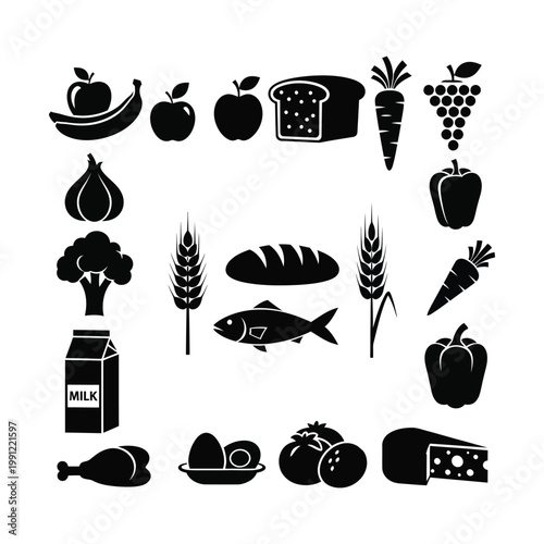 Healthy food and nutrition vector icon set, essential dietary elements, fresh produce, grains, dairy, and protein for balanced eating, black and white silhouette collection.