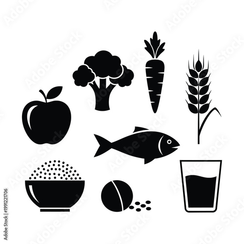 Healthy food icons, a collection of black silhouette vector illustrations representing nutritious diet and wellness. Essential graphic resources for health, nutrition, and lifestyle projects.