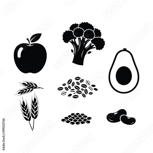 Healthy food icons, a collection of black and white vector graphics representing nutritious ingredients. Essential dietary elements for health and wellness, perfect for nutrition guides