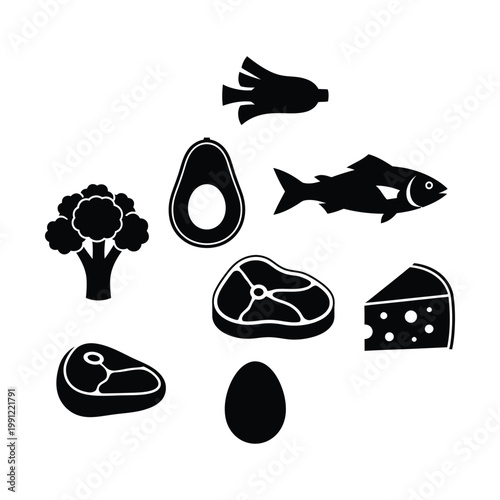 Healthy food icons vector set, essential nutrition symbols for balanced diet and wholesome eating, black and white graphic elements for health and wellness designs, clean eating concept.