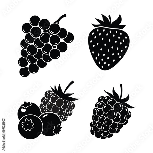 Black and white berry vector icons, a collection of fresh fruit silhouettes including grapes, strawberries, blueberries, and raspberries, perfect for healthy food branding and nutrition designs.