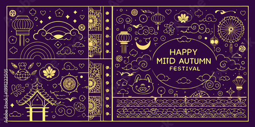 Golden line art illustration depicting elements of the mid autumn festival