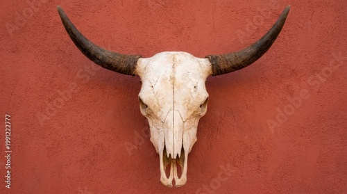 Rustic buffalo skull with long dark horns red background