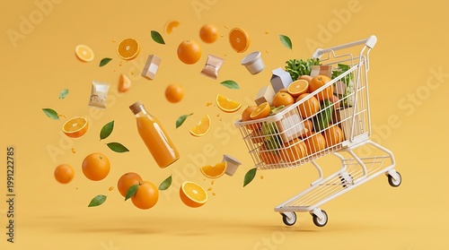 Keranjang belanja penuh dengan jus jeruk segar dan buah-buahan cerah di latar belakang kuning ceria