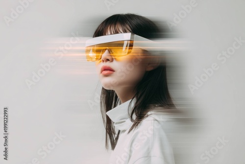 Young woman wearing futuristic yellow visor glasses with motion blur effect, modern style portrait on light gray background, technology and innovation concept.