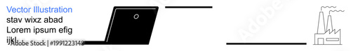 Environmental issues, industrial impact, remote work, technology communication, modern business, sustainability. Black laptop design with industrial factory outline. Remote work and environmental