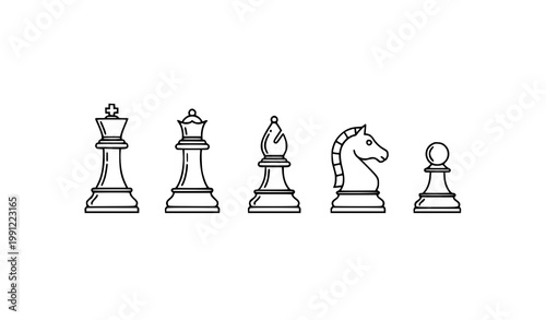Chess outline icons set with king queen rook knight bishop and pawn in minimal line style