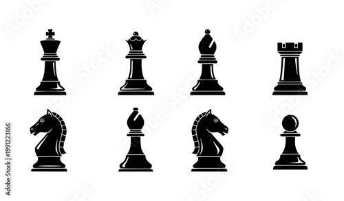 Modern glyph chess icons set with abstract king queen rook knight bishop and pawn symbols