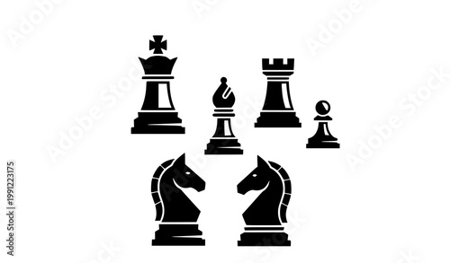Chess pieces black silhouette icon set with king queen rook knight bishop and pawn in flat design