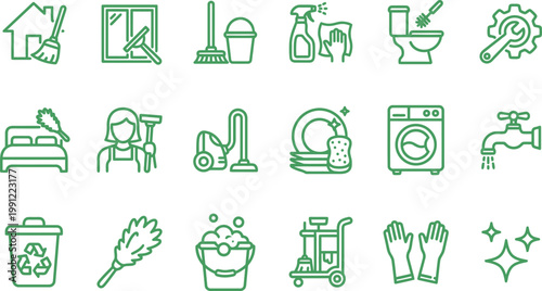 A set of green outline icons representing various essential cleaning tasks and domestic maintenance chores for homes